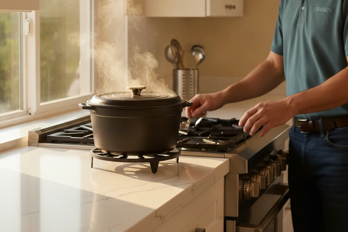 A pot being placed on a trivet on a white quartz countertop in a San Diego kitchen