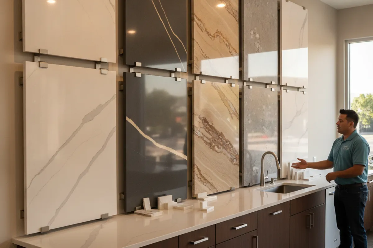 A grid of quartz countertop samples from multiple brands displayed on a showroom table