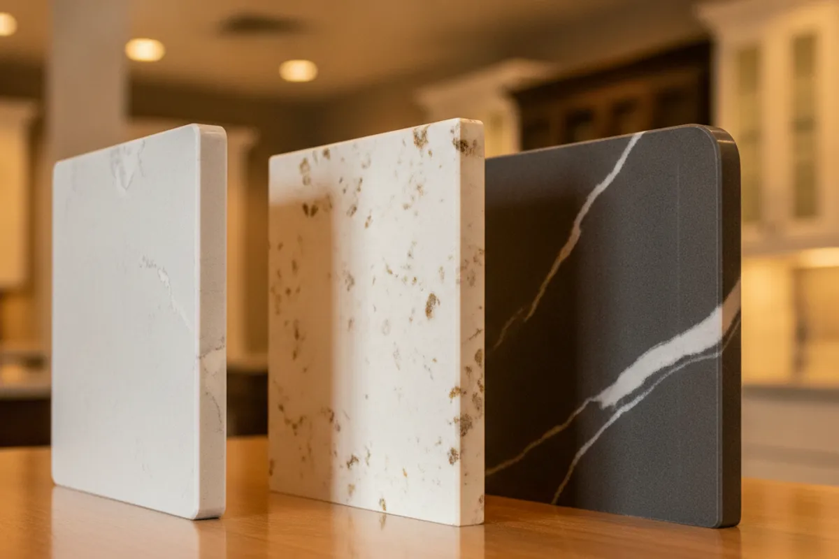 Close-up of several different quartz countertop edge profiles shown as sample cuts