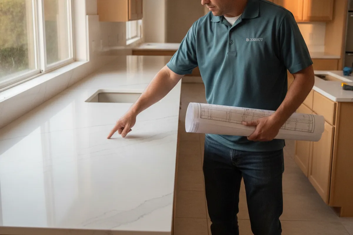 A close-up of a well-executed quartz countertop seam in a San Diego kitchen near the sink