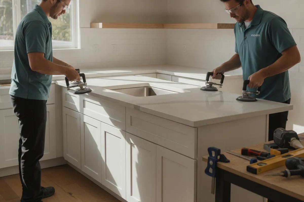 Two fabricators installing a large white quartz countertop slab in a San Diego kitchen