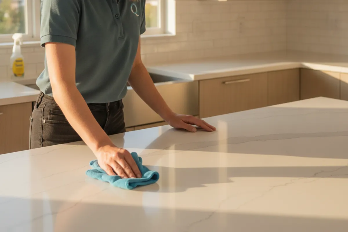 A person wiping down a white quartz kitchen countertop with a damp cloth