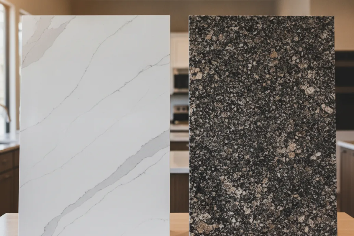 Side-by-side samples of white quartz and dark granite on a kitchen counter