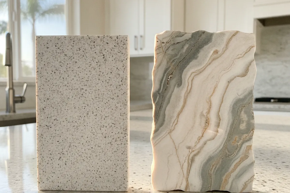 White quartzite slab sample next to a white engineered quartz slab on a countertop showroom table