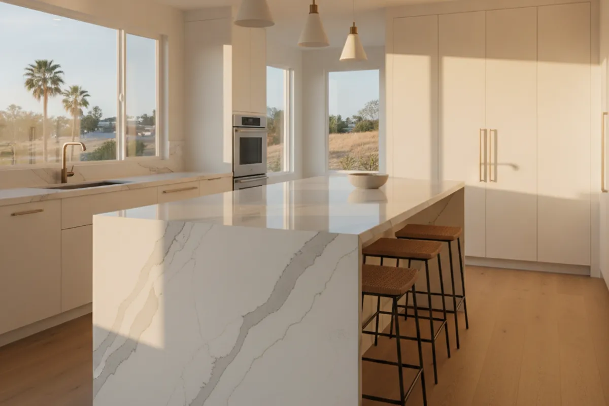 A kitchen island with a white quartz waterfall countertop in a San Diego home