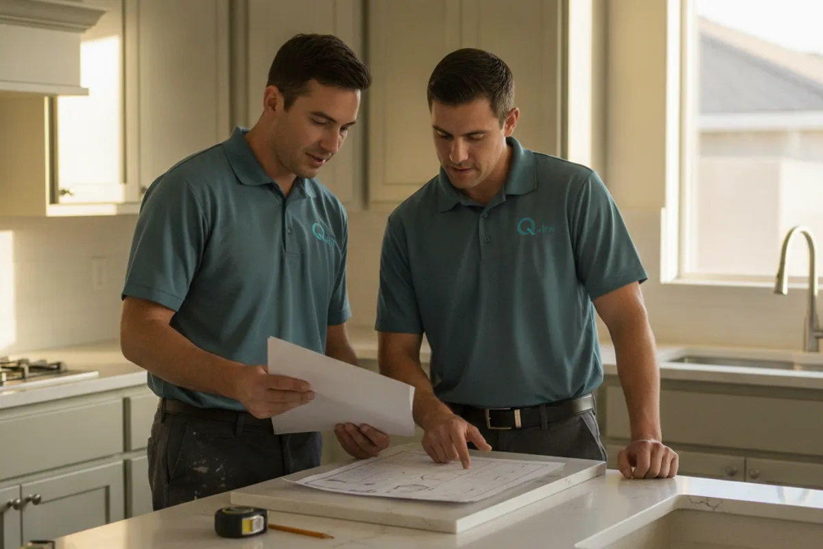 Homeowner and a local countertop fabricator reviewing quartz slab samples and a kitchen layout plan for a San Diego County countertop project.