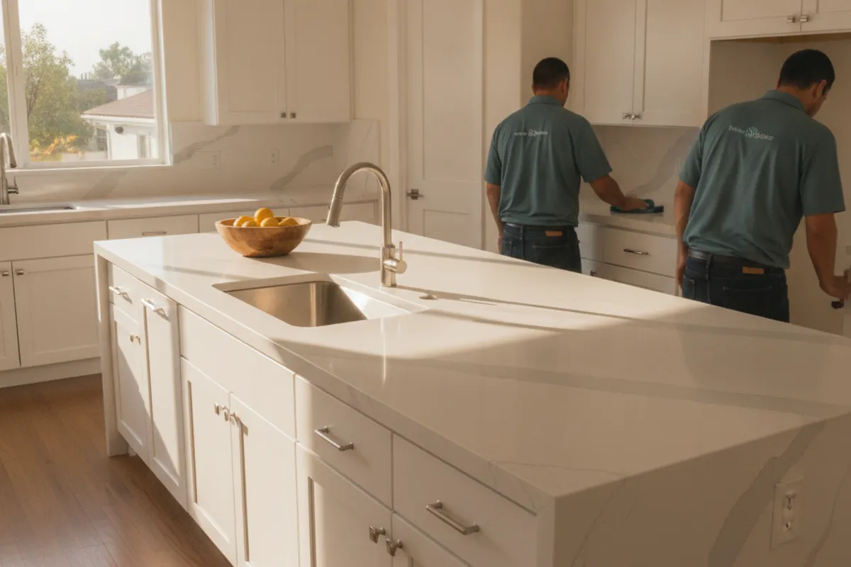 Insured local countertop fabricator installing a quartz slab on kitchen cabinets in a San Diego County home.