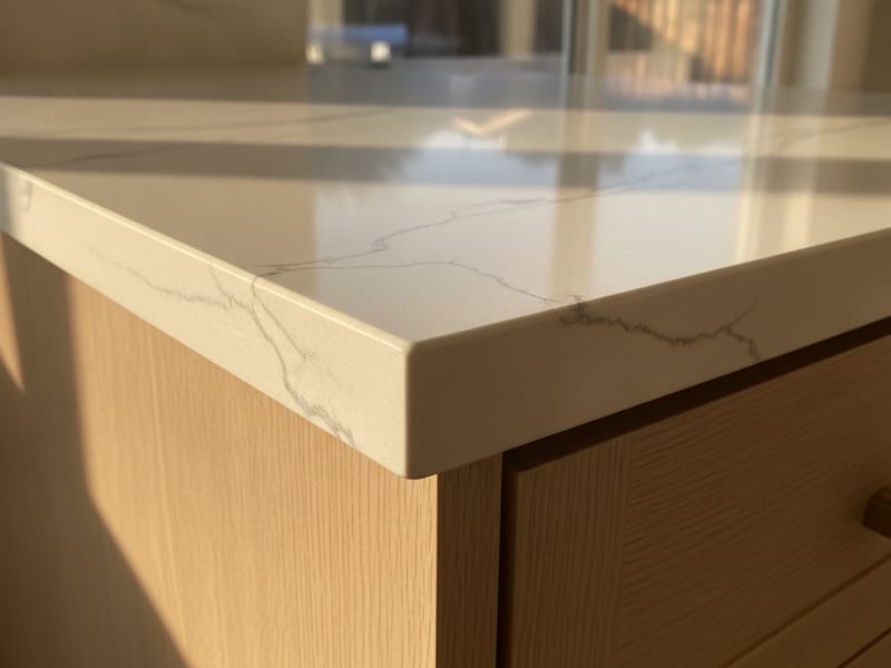 Quartz countertop edge profile samples displayed on a table at a San Diego fabricator showroom