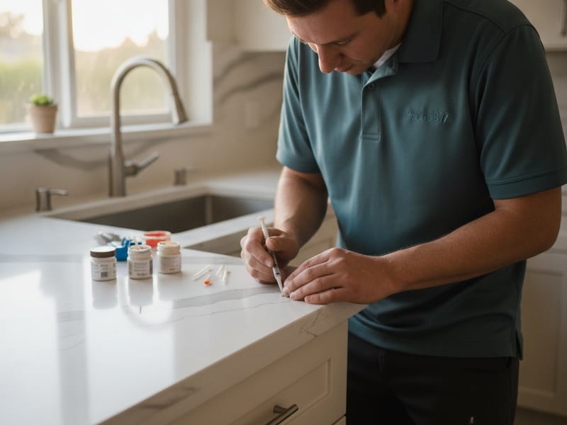 Homeowner reviewing a quartz countertop quote with a fabricator in a San Diego kitchen