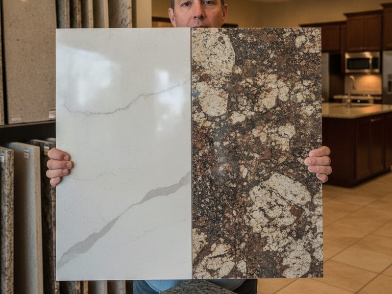 Quartz and granite countertop samples side by side at a San Diego fabricator showroom