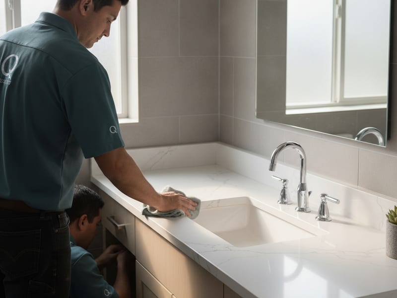 White quartz bathroom vanity top with double undermount sinks in a San Diego home
