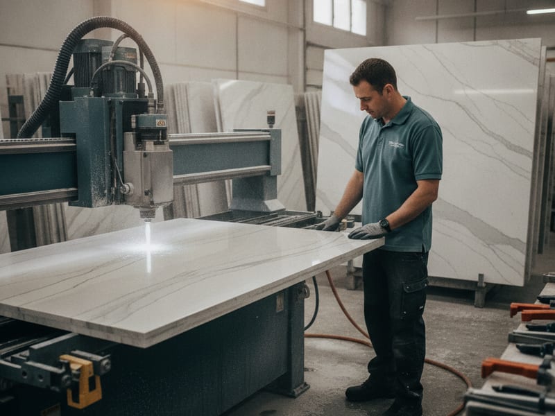 Quartz slab on CNC fabrication table at a San Diego countertop shop