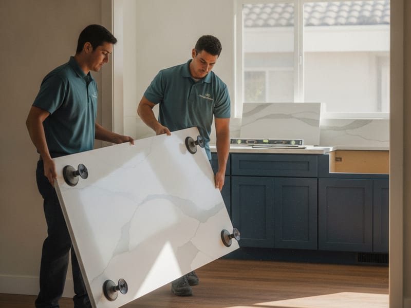 Crew members setting a quartz countertop slab on kitchen cabinets in a San Diego home
