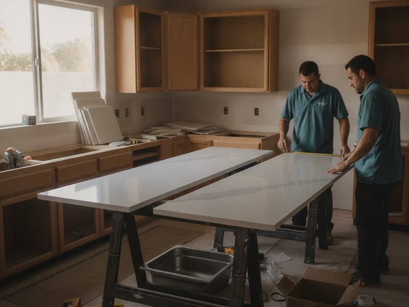 Old tile countertop being removed in a San Diego kitchen before quartz replacement