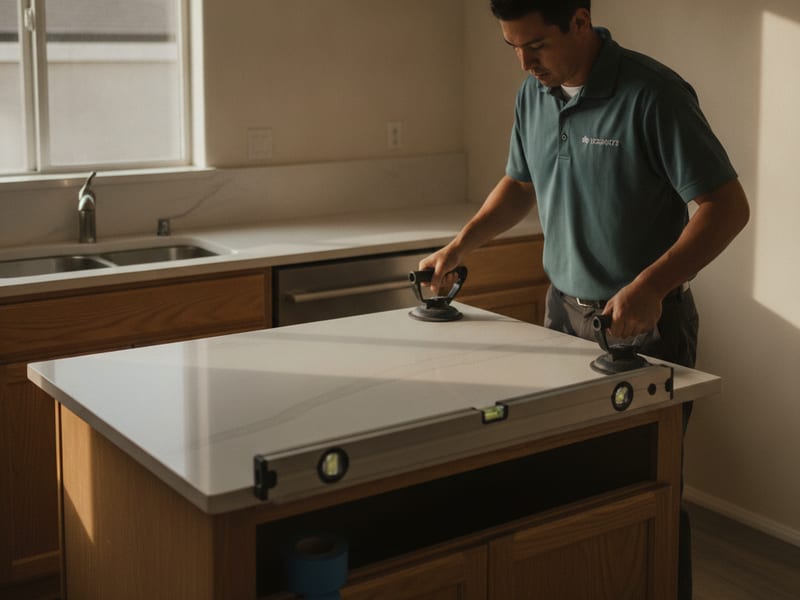 Quartz kitchen countertop installation with undermount sink cutout in a San Diego home