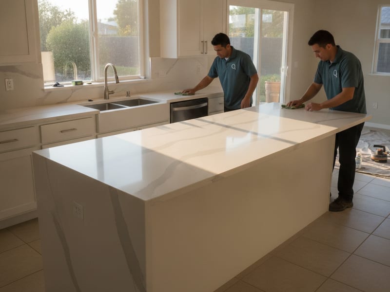 Freshly installed white quartz countertop in a San Diego kitchen with undermount sink
