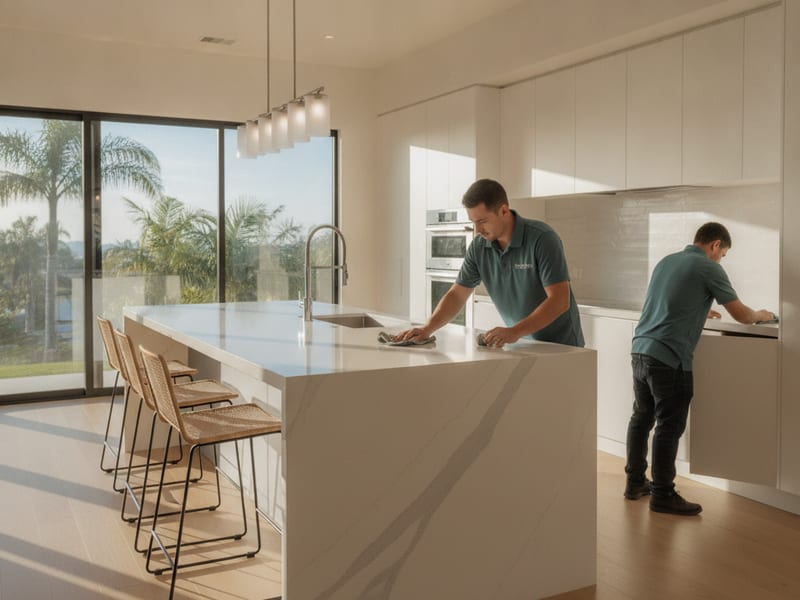 Large quartz kitchen island with seating overhang in a San Diego home