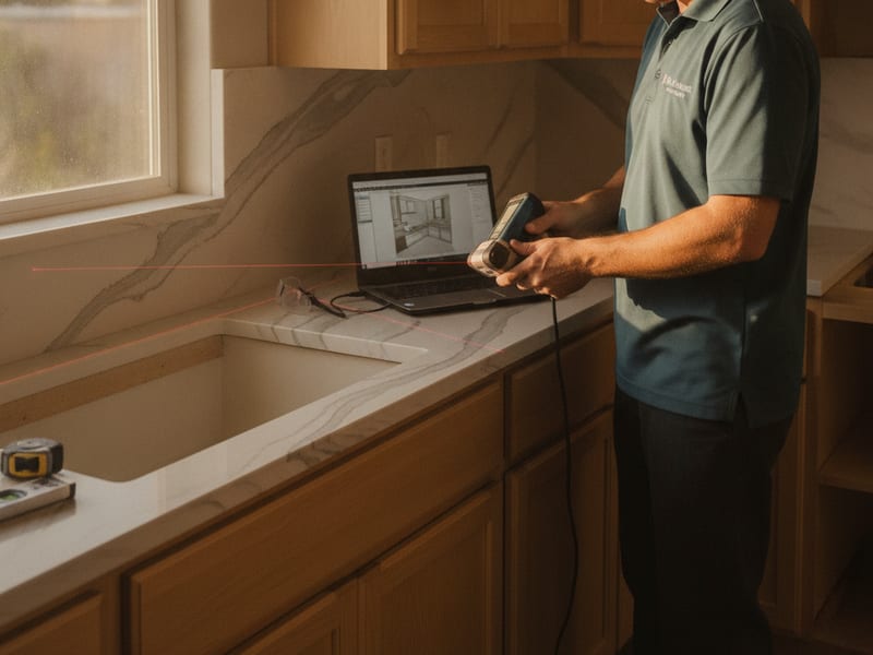 Fabricator using a digital templating device to measure kitchen cabinets in a San Diego home