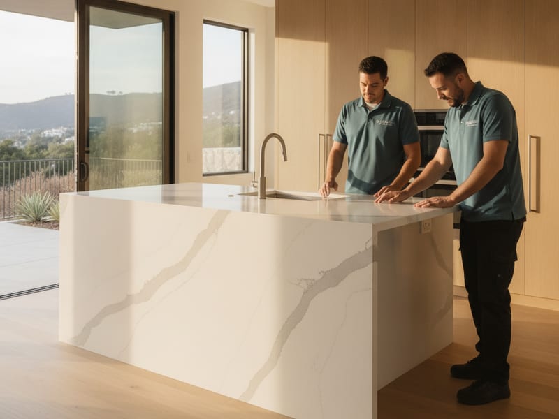 Quartz waterfall edge countertop on a kitchen island in a San Diego home